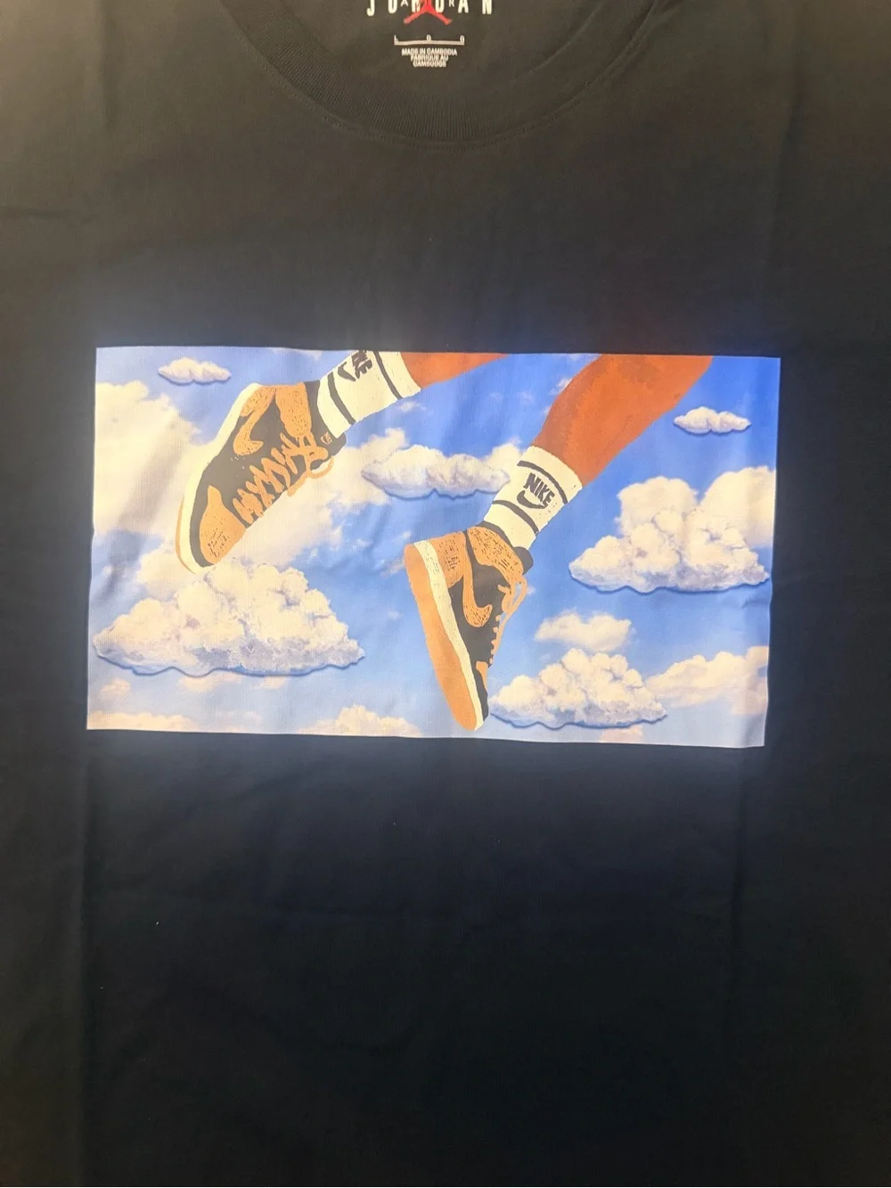 New! Jordan Flight Essentials T-Shirt sneakers floating in a cloudy sky (Large)